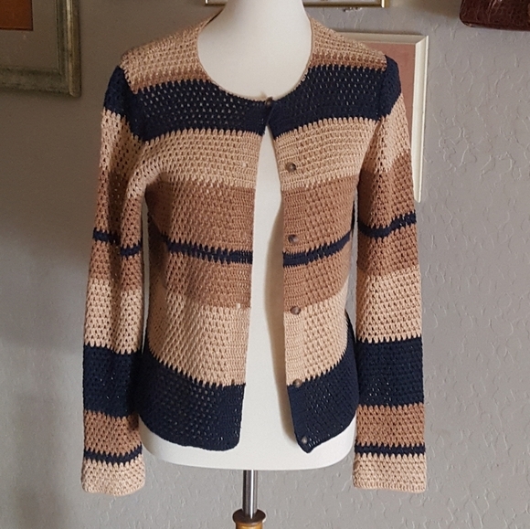 Vintage Jones New York Blue Tan and Camel Striped Hand‎ Knit Linen Cardigan - Picture 2 of 5